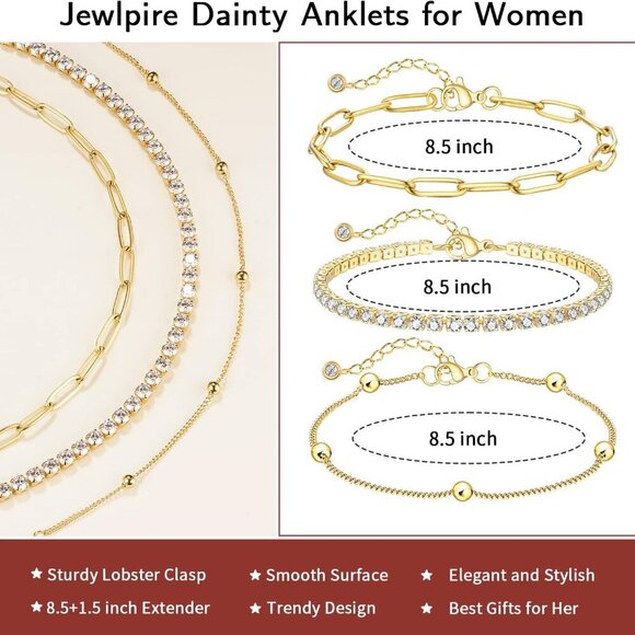 Solid 18K Over Gold Anklet for Women,Gold Anklets for Women Layered/Tennis/Paper - Picture 3 of 5